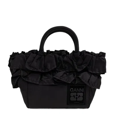 Ganni Ruffled Top Handle Mini Shopper Bag In Black