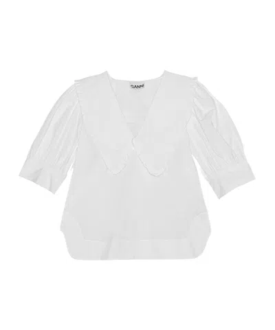 Ganni Ruffled-trim Cotton Blouse In White
