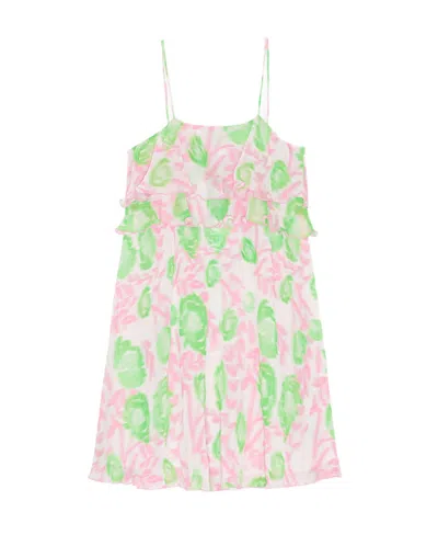 Ganni Ruffled-trim Graphic-print Dress In Pink