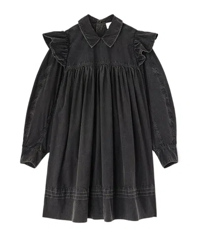 Ganni Ruffled Washed Mini Shirt Dress In Black