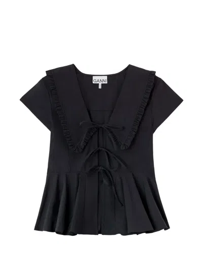 Ganni Ruffled-collar Peplum Blouse In Black