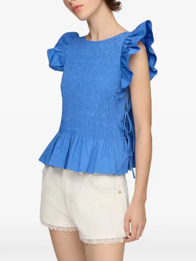 Ganni Ruffled-sleeve Smocked Blouse In Blue