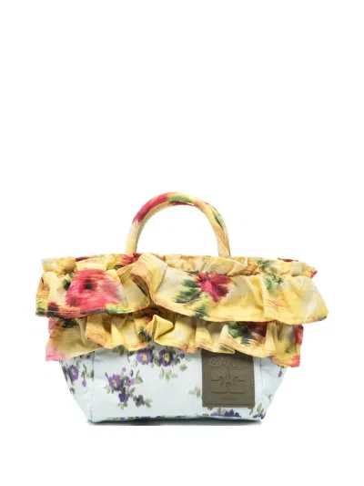 Ganni Ruffled-trim Tote Bag In Blue