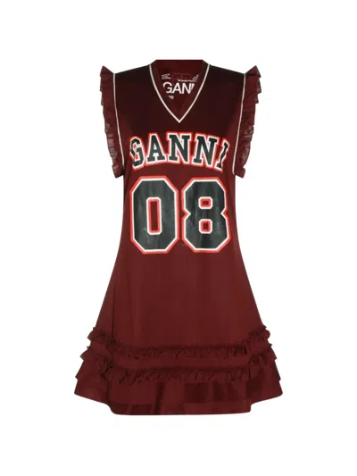 Ganni Ruffle-trim Logo-print Mini Dress In Brown