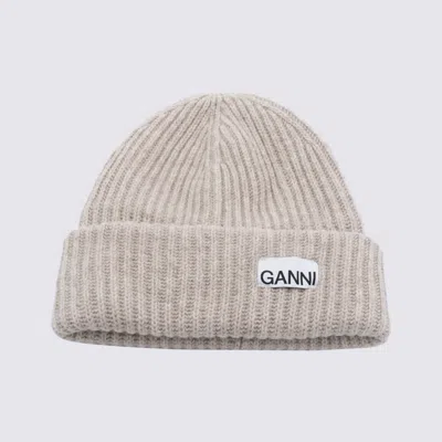 Ganni Beige Fisherman Rib Beanie With Logo Patch In Wool Blend Woman