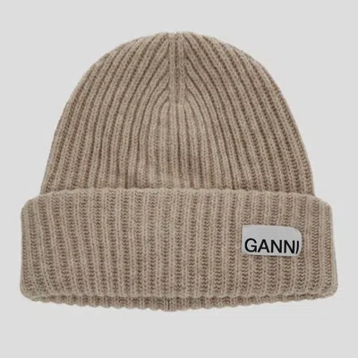 Ganni Sand Wool Blend Beanie Hat In Beige
