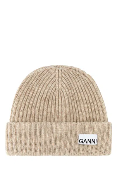 Ganni Beige Fisherman Rib Beanie With Logo Patch In Wool Blend Woman