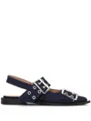 Ganni Buckled Eyelet-embellished Recycled Denim Ballet Flats