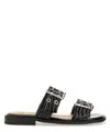 Ganni Buckled Eyelet-embellished Recycled Faux Patent-leather Sandals In Black