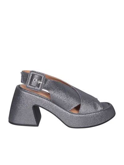 Ganni Glitter Cross Heeled Sandals In Silver