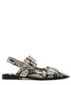 Ganni Buckled Eyelet-embellished Snake-effect Recycled Faux Patent-leather Ballet Flats In Multicolor