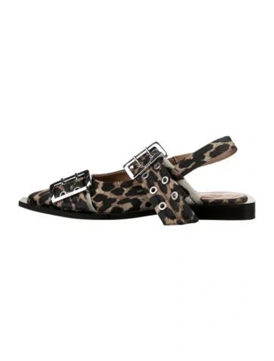 Pre-owned Ganni Satin Animal Print Slingback Flats In Black
