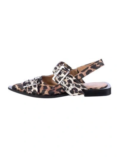 Pre-owned Ganni Satin Animal Print Slingback Flats In Neutral