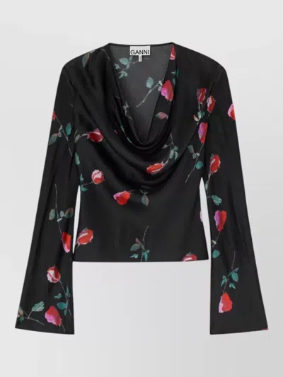Ganni Satin Blouse Cowl Neck Floral Pattern In Black