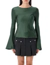 Ganni Satin Blouse With Open Back And Tie-string Closure In Green
