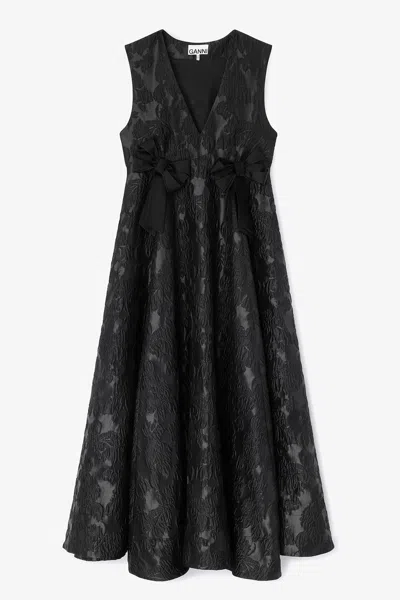 Ganni Satin Cloque Long Dress In Black