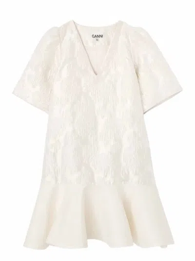 Ganni Satin Cloque Mini Dress Woman Egret In Pink