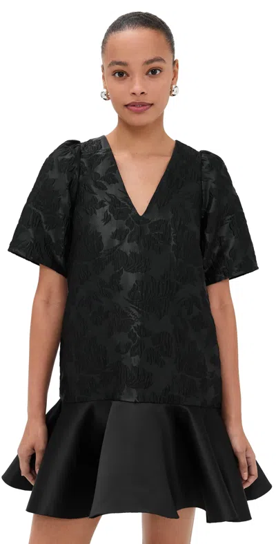 Ganni Satin Cloque Mini V Neck Dress Black