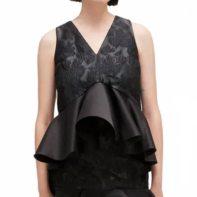 Ganni Satin Cloque Sleeveless Peplum Blouse In Black