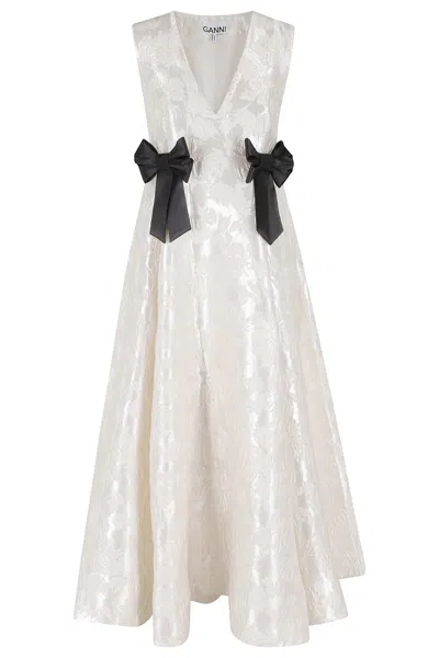 Ganni Satin Cloque V Neck Long Dress In Neutral