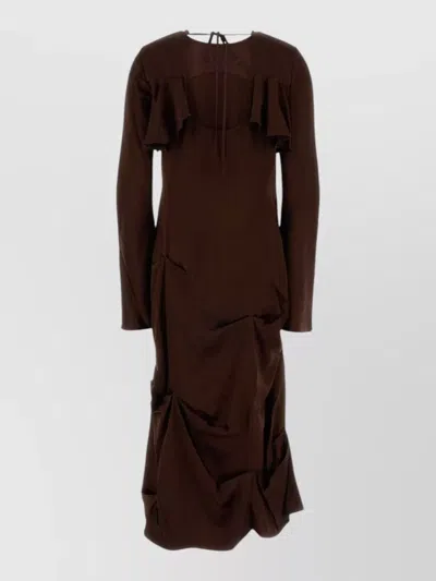 Ganni Satin Dress Draped Design Long Sleeves Ruffles In Burgundy