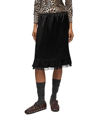Ganni Satin Frill Hem Skirt In Black
