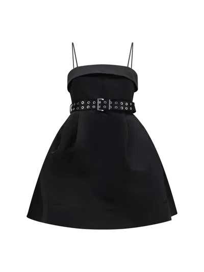 Ganni Satin Full Skirt With Studded Belt Dress In Black