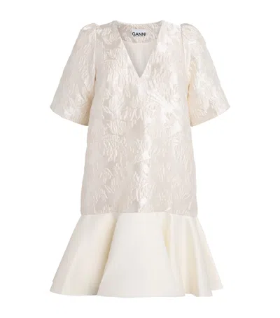 Ganni Satin Jacquard Mini Dress In White