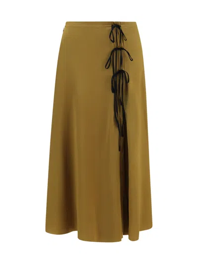 Ganni Satin Midi With Tie Details Skirt In Gold