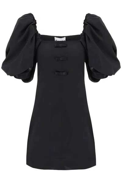 Ganni Off-the-shoulder Bow-detailed Satin Mini Dress In Black