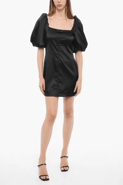 Ganni Off-the-shoulder Bow-detailed Satin Mini Dress In Black