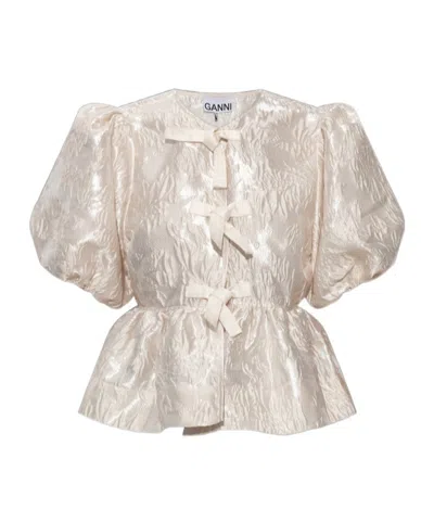 Ganni Satin Peplum Tie Blouse In Neutral