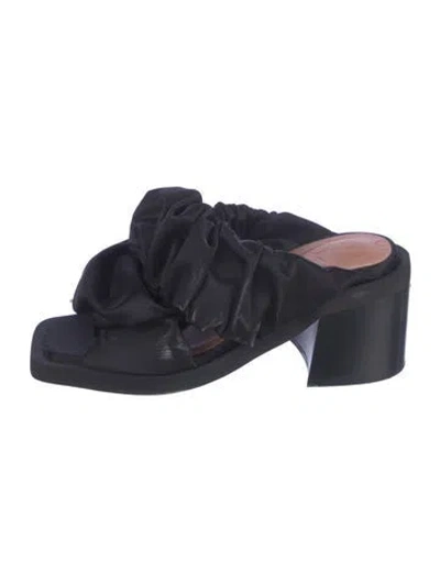 Pre-owned Ganni Satin Ruffle Embellishment Slides In Black