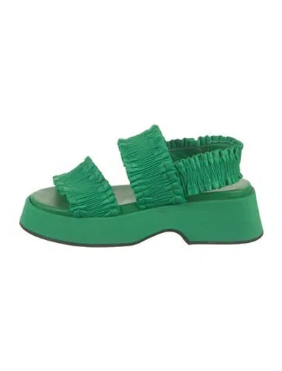 Pre-owned Ganni Satin Ruffle Embellishment Slingback Sandals In Green