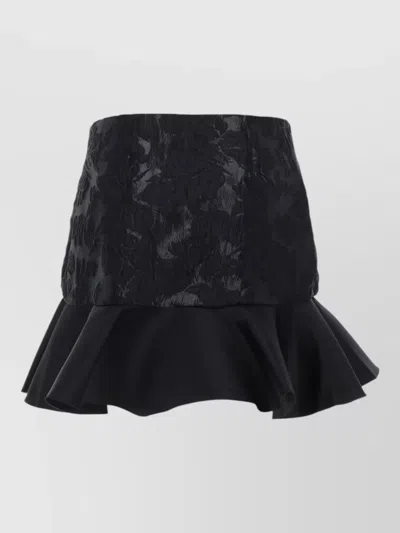 Ganni Satin Skirt High Waist Floral Texture Ruffles In Black