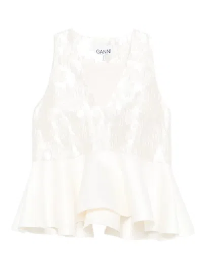 Ganni Satin Sleeveless Peplum Blouse In White
