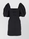 Ganni Satin Square Neckline Dress With Puff Sleeves In Black
