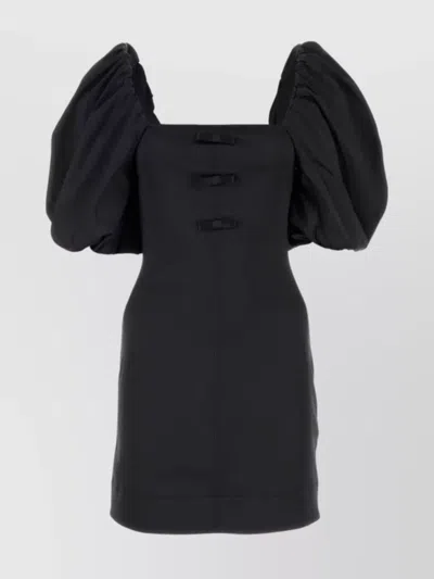 Ganni Satin Square Neckline Dress With Puff Sleeves In Black