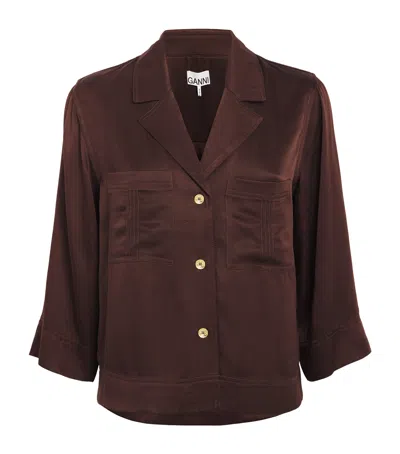 Ganni Satin Washed Shirt In Brown