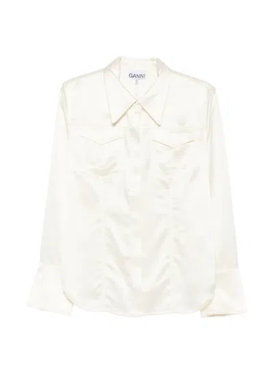 Ganni Satin-finish Flap-pocket Shirt In White