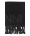Ganni Fringed Wool Scarf In Black