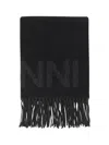 Ganni Fringed Wool Scarf In Black