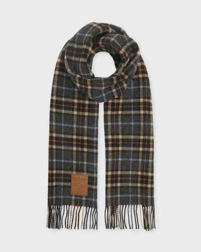 Ganni Halsduk Double Face Wool Check Charcoal In Gray