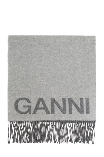 Ganni Scarf With Logo In Grey