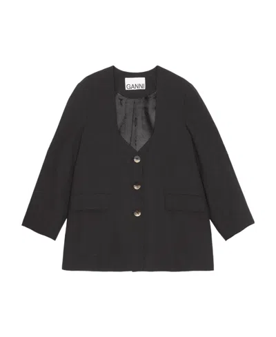 Ganni Scoop-neck Single-breasted Blazer In Black