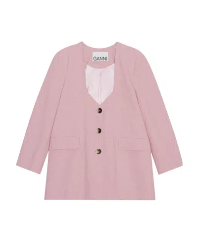 Ganni Scoop-neck Single-breasted Blazer In Pink