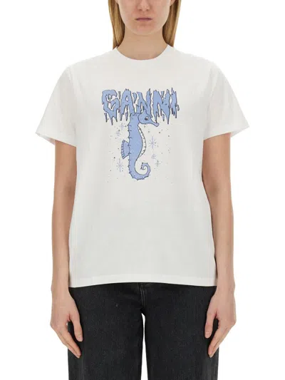 Ganni Seahorse Print T-shirt In White