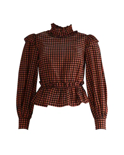 Ganni Seersucker Check Blouse In Multicolor Polyester