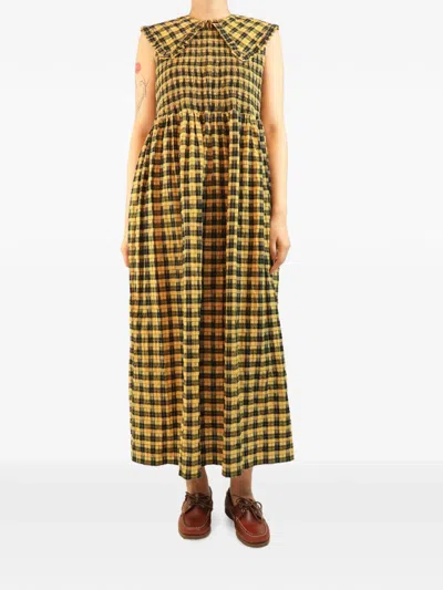 Pre-owned Ganni Seersucker Check Maxi Dress In Yellow