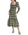 Ganni Long Sleeve Checkered Seersucker Maxi Dress In Check Elfin Yellow In Green